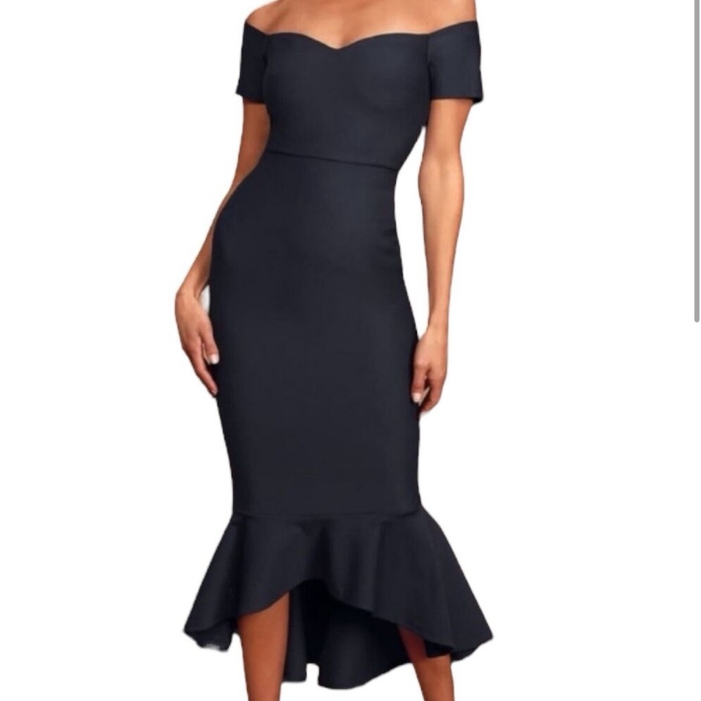 Slip into the Lulus How Much I Care Midnight Blue Off-the-Shoulder Midi Dress